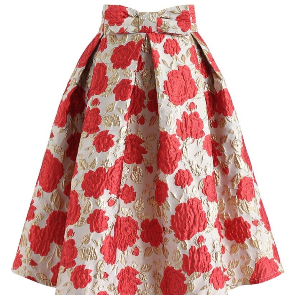 Chicwish Bowknot Red Floral Jacquard Midirock